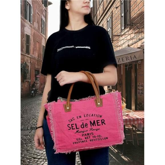 Upcycled Canvas Hand Bag Upcycled Canvas & Cowhide Tote Bag, Upcycled Canvas - Picture 3 of 7